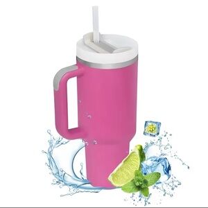 Pink Insulated Travel Tumbler with Handle and Straw